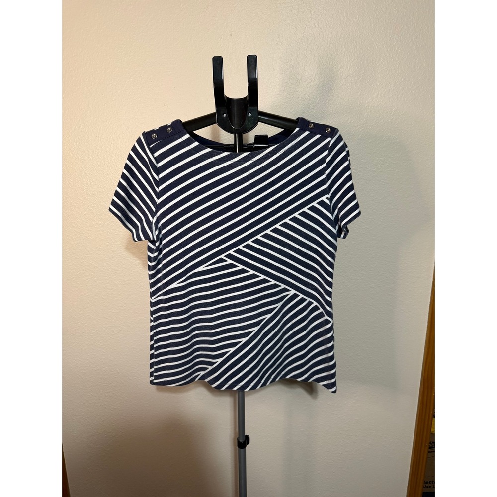 Karen Scott Womens Top Bundle Size M Navy Striped Button Shoulder Blue 3/4